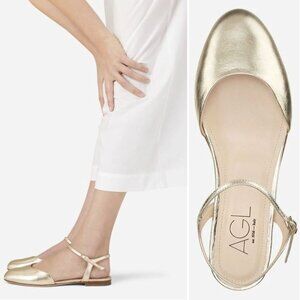 AGL Milly Ankle Strap Slingback Ballet Flats 37 7 Platino Gold Leather NEW $395